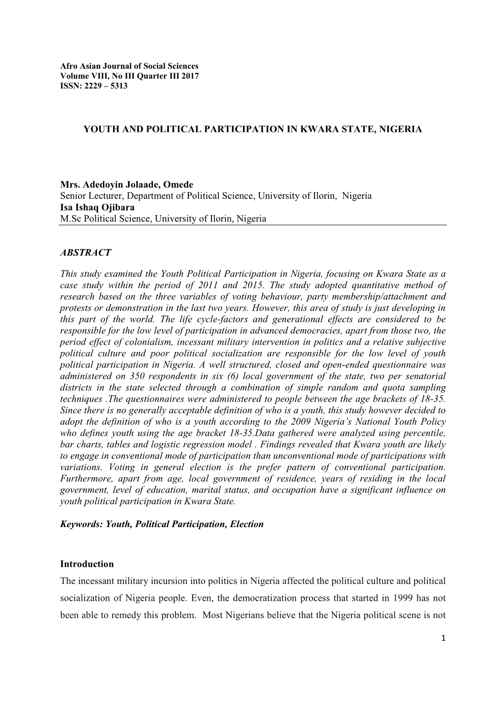 Youth and Political Participation in Kwara State, Nigeria