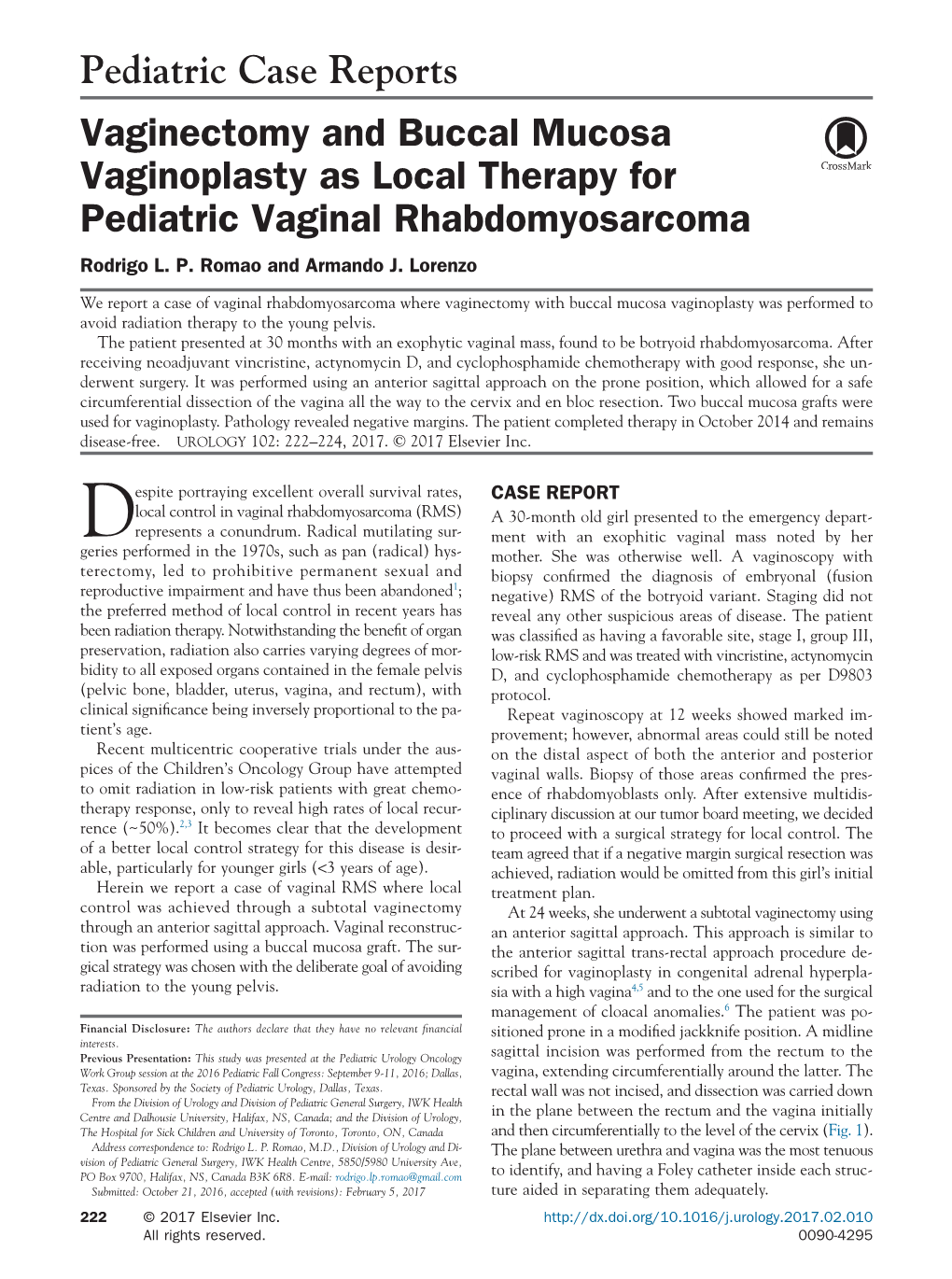 Vaginectomy and Buccal Mucosa Vaginoplasty As Local Therapy for Pediatric Vaginal Rhabdomyosarcoma Rodrigo L