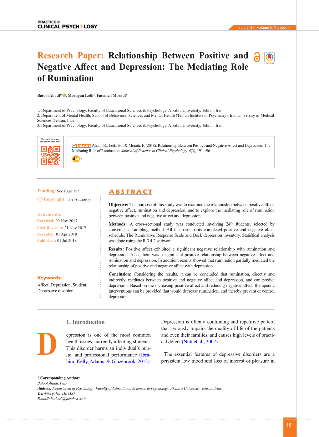 Negative Affect and Depression: the Mediating Role of Rumination