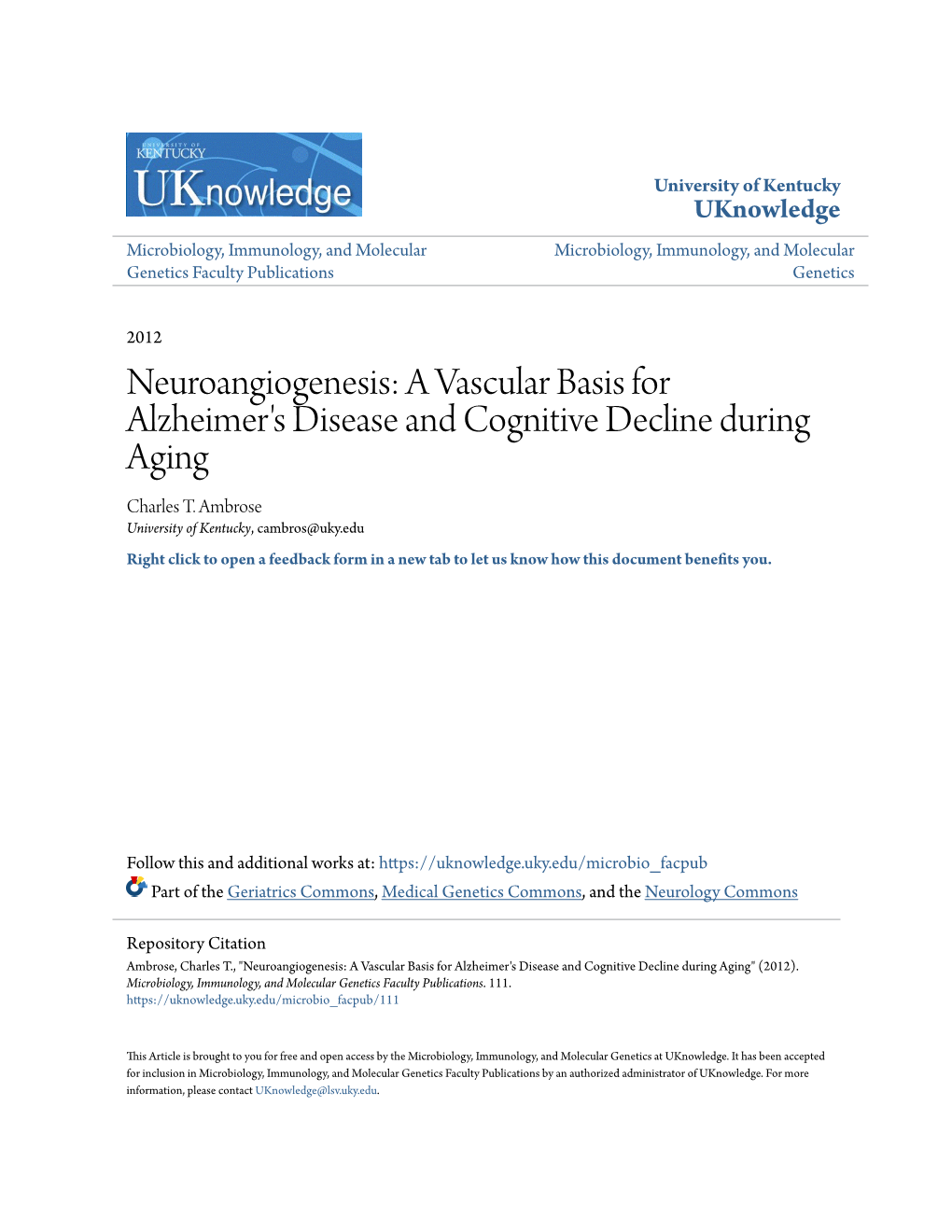 A Vascular Basis for Alzheimer's Disease and Cognitive Decline During Aging Charles T