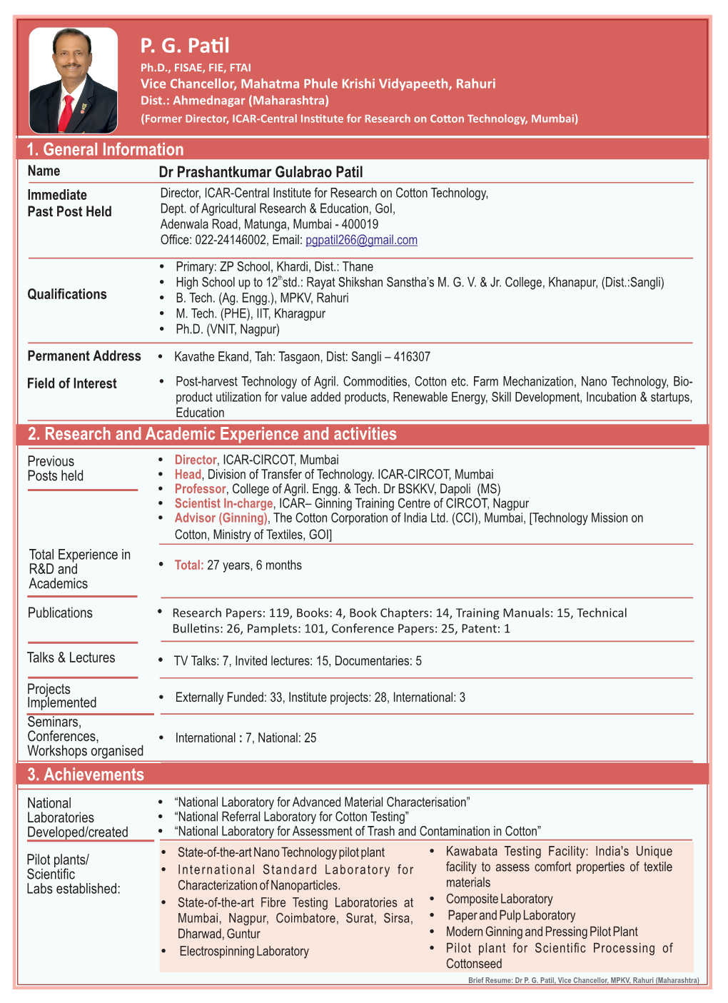 Resume of Hon'ble Vice Chancellor