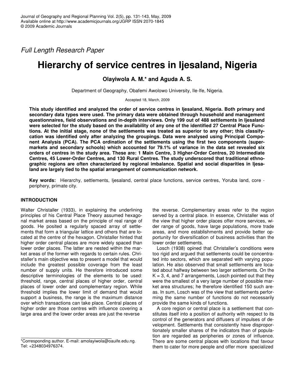 Hierarchy of Service Centres in Ijesaland, Nigeria