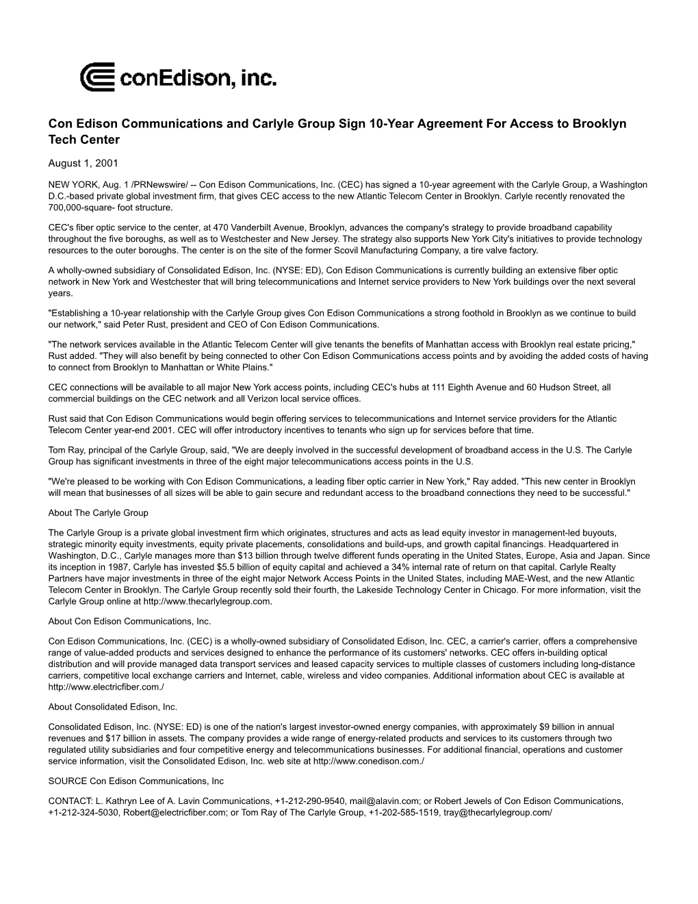 Con Edison Communications and Carlyle Group Sign 10-Year Agreement for Access to Brooklyn Tech Center