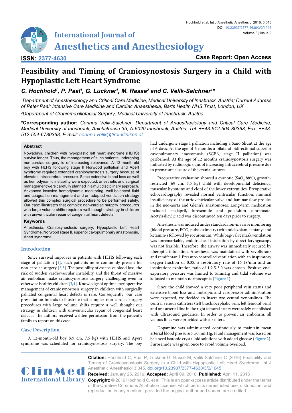 Feasibility and Timing of Craniosynostosis Surgery in a Child with Hypoplastic Left Heart Syndrome C