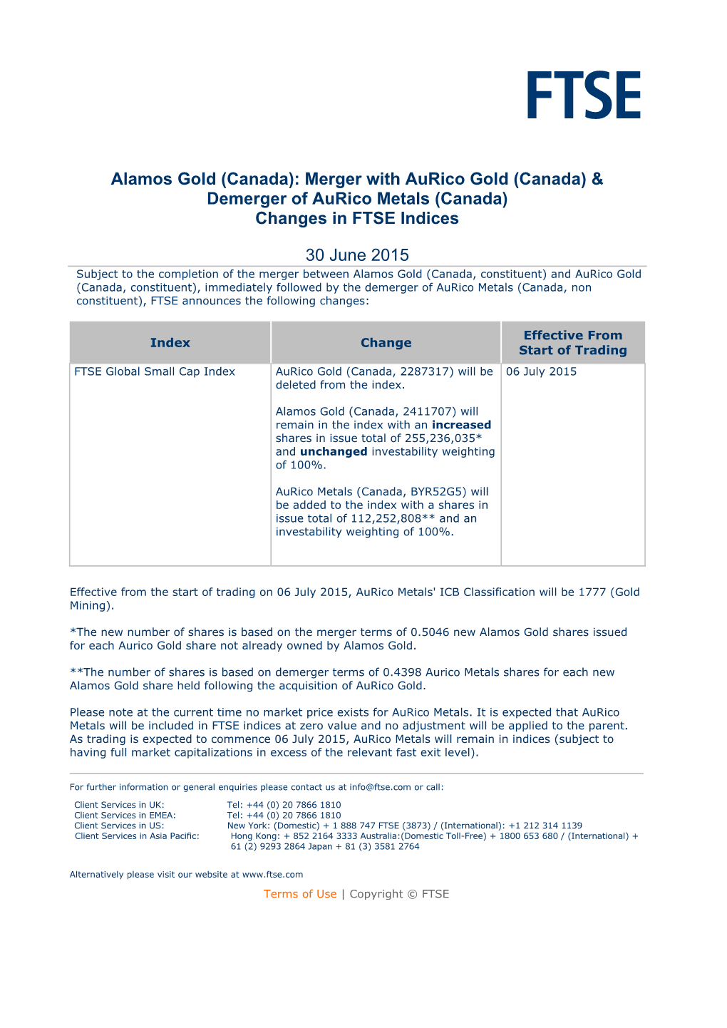 Demerger of Aurico Metals (Canada) Changes in FTSE Indices