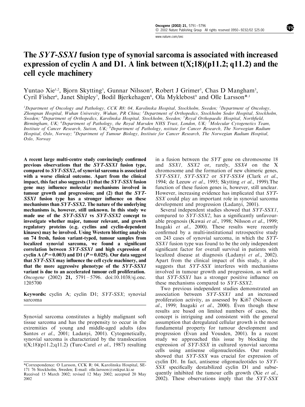 The SYT-SSX1 Fusion Type of Synovial Sarcoma Is Associated with Increased Expression of Cyclin a and D1