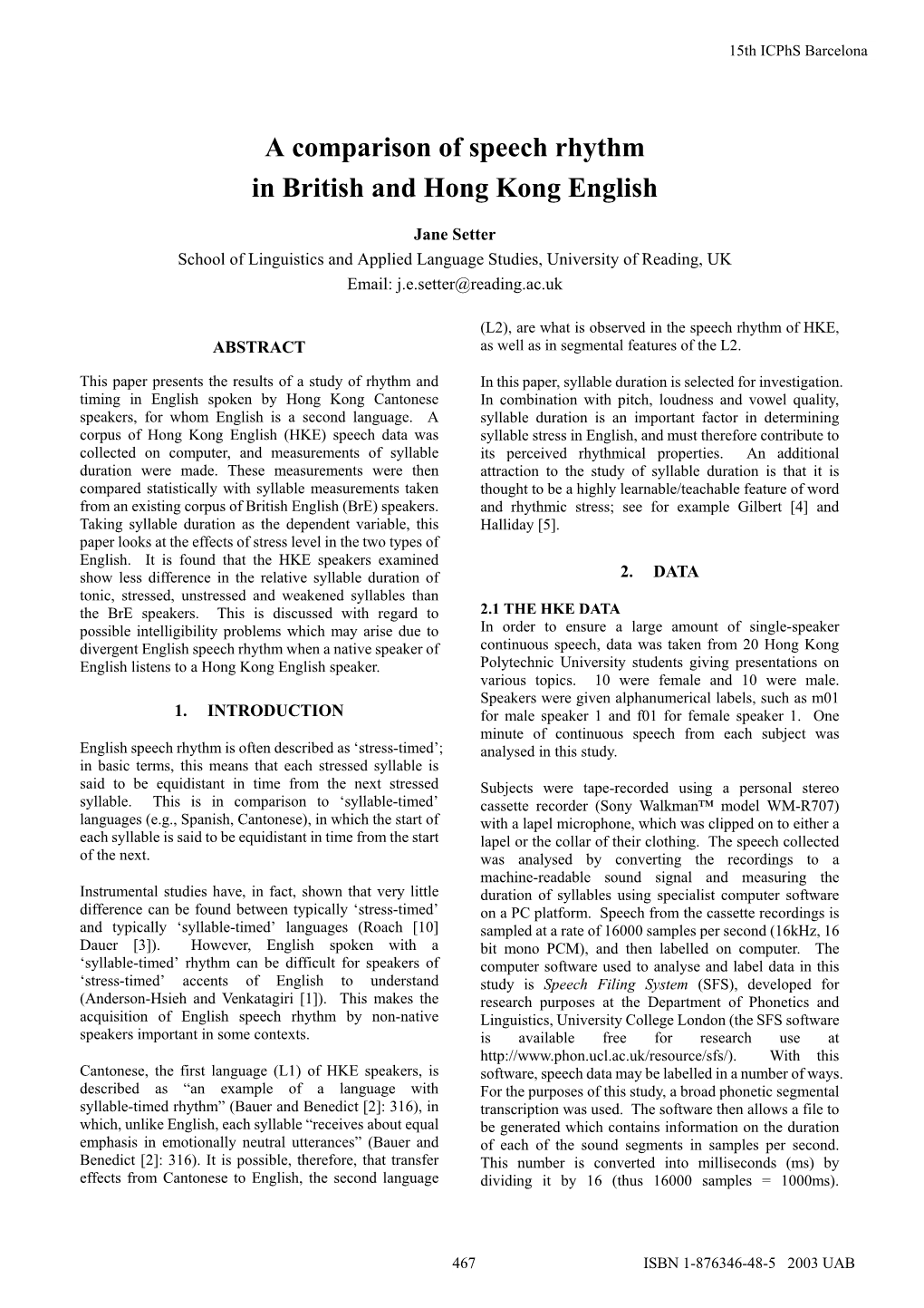 A Comparison of Speech Rhythm in British and Hong Kong English