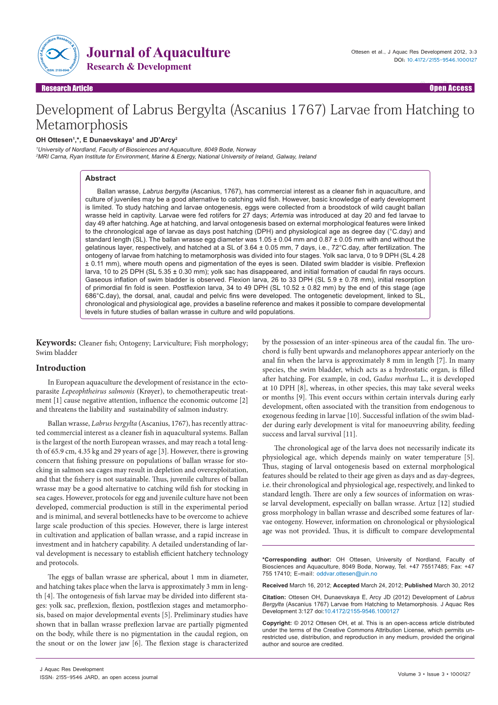 Development of Labrus Bergylta (Ascanius 1767) Larvae From