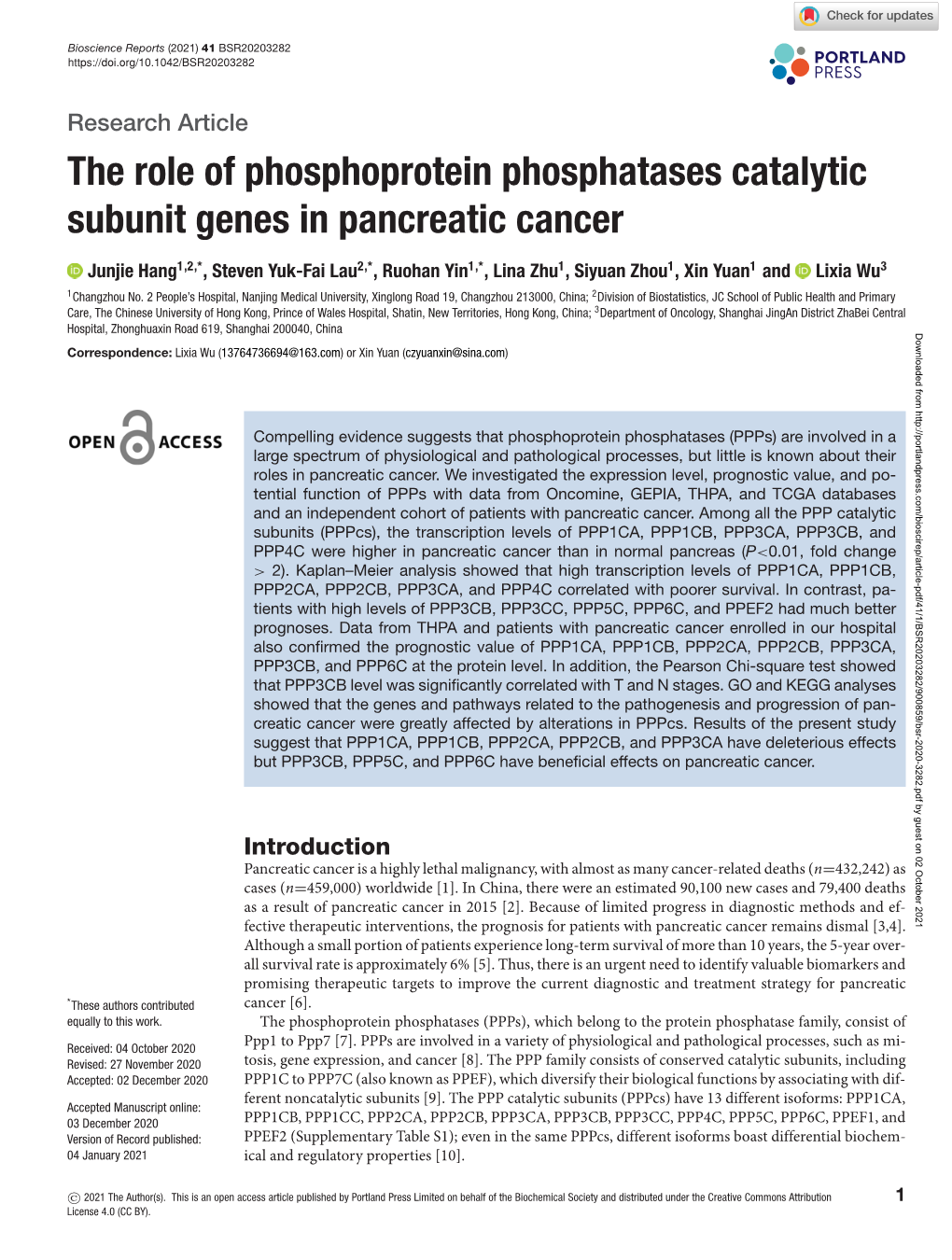 The Role of Phosphoprotein Phosphatases Catalytic Subunit Genes in Pancreatic Cancer