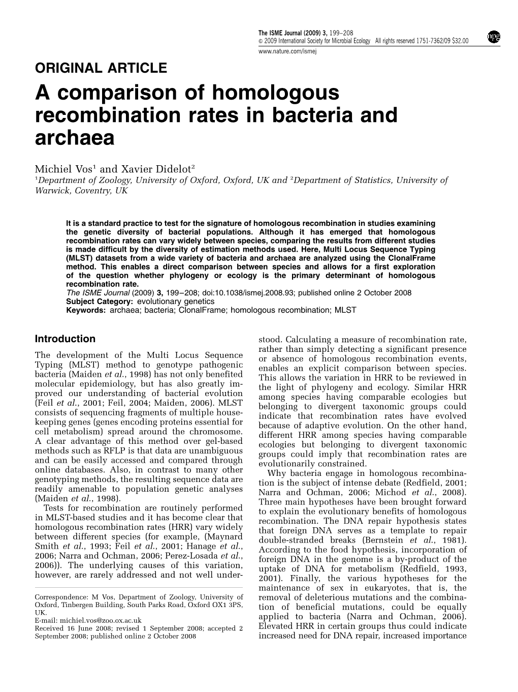 A Comparison of Homologous Recombination Rates in Bacteria and Archaea