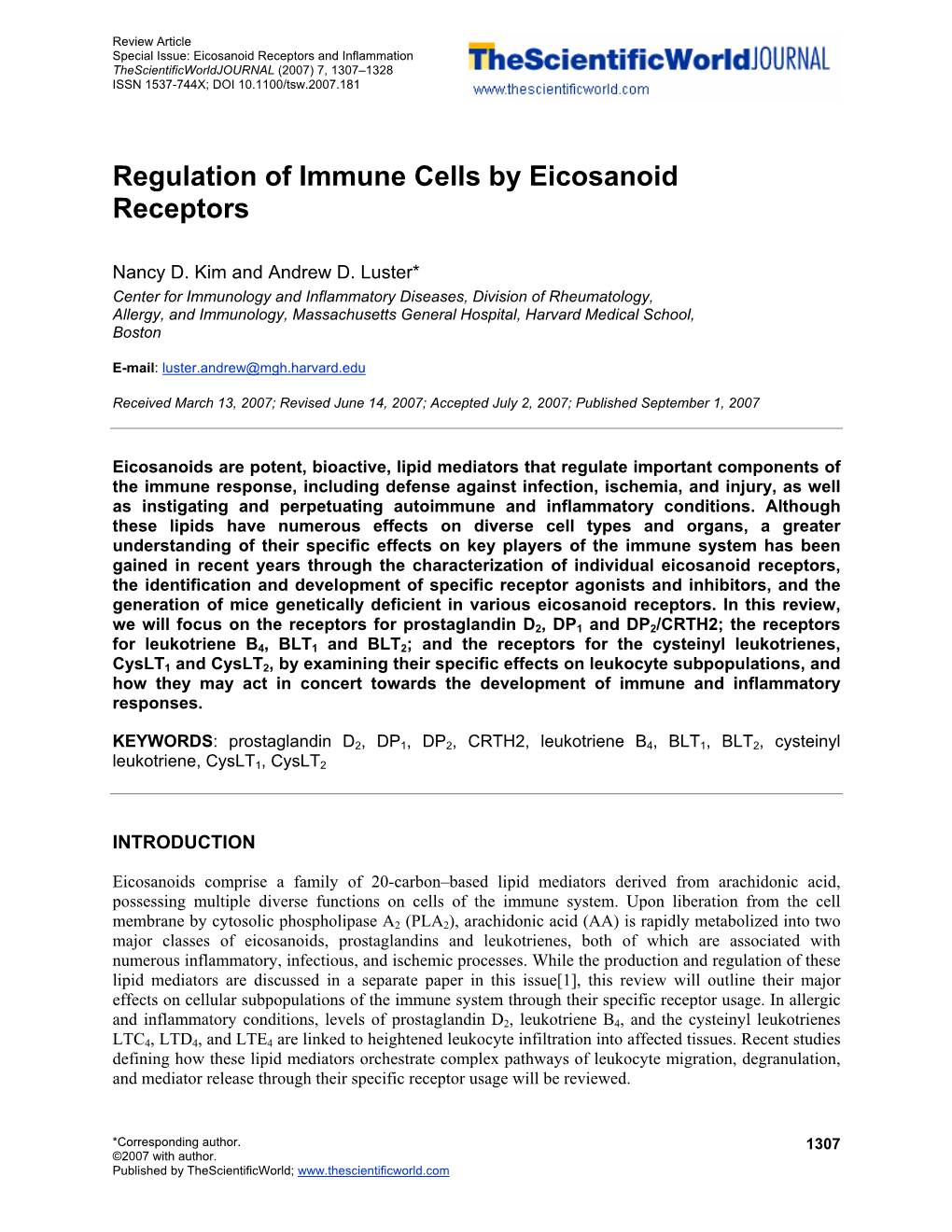 Regulation of Immune Cells by Eicosanoid Receptors