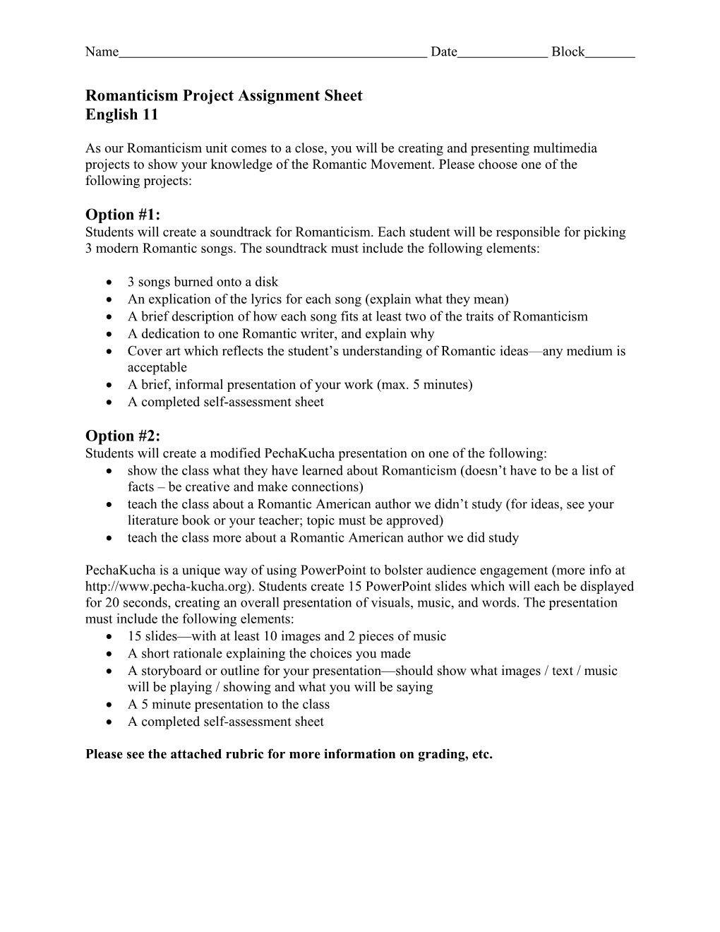 Romanticism Project Assignment Sheet