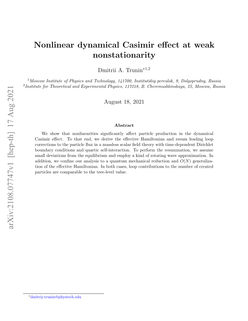 Nonlinear Dynamical Casimir Effect at Weak Nonstationarity