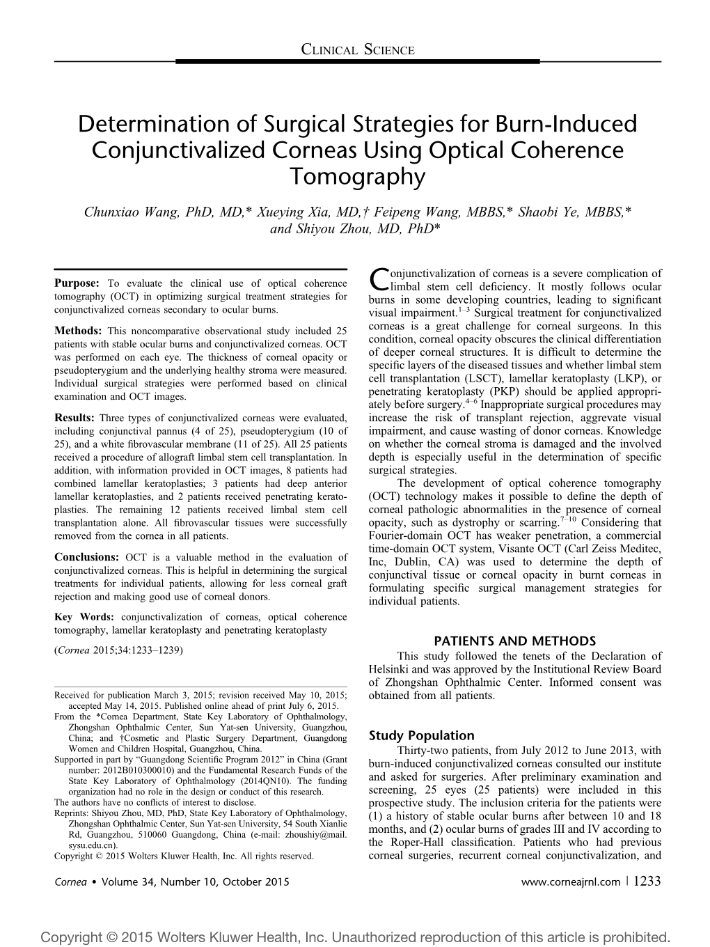 Determination of Surgical Strategies for Burn-Induced Conjunctivalized Corneas Using Optical Coherence Tomography