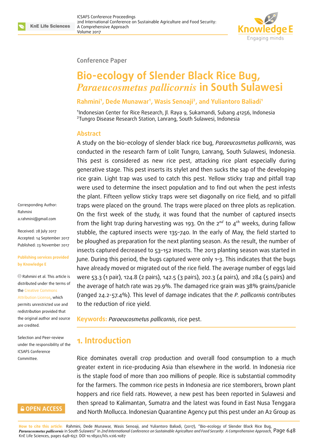 Bio-Ecology of Slender Black Rice Bug, Paraeucosmetus Pallicornis In