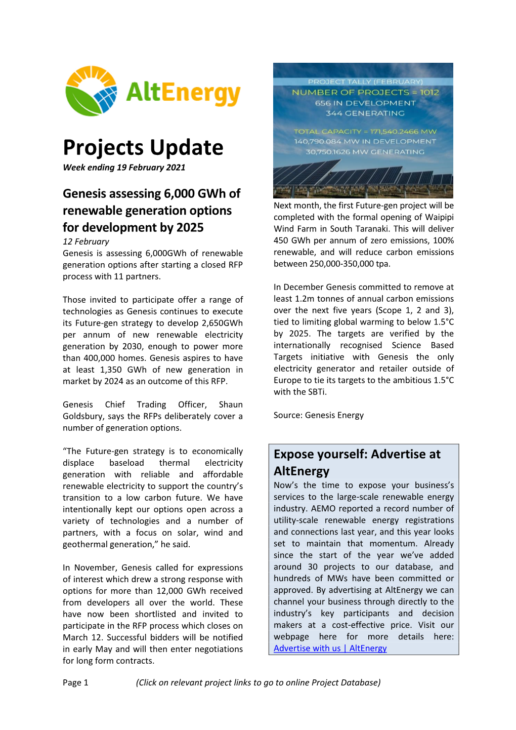 Projects Update Week Ending 19 February 2021