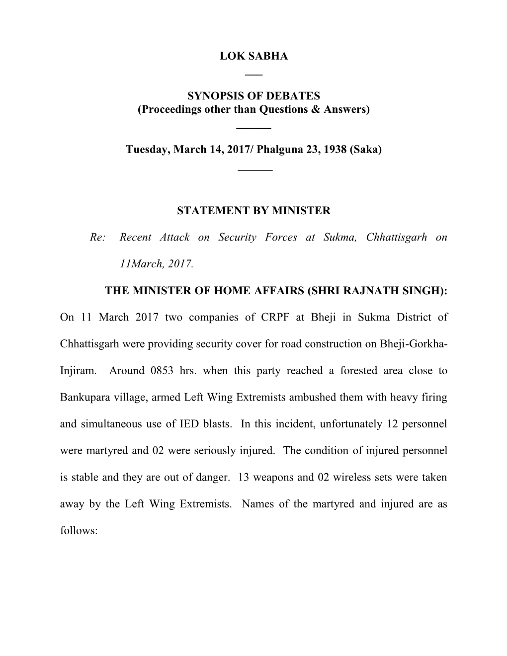 LOK SABHA ___ SYNOPSIS of DEBATES (Proceedings Other Than Questions & Answers) ___Tuesday, March 14, 2017/ Phalguna