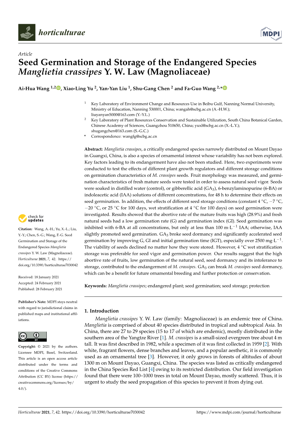 Seed Germination and Storage of the Endangered Species Manglietia Crassipes Y