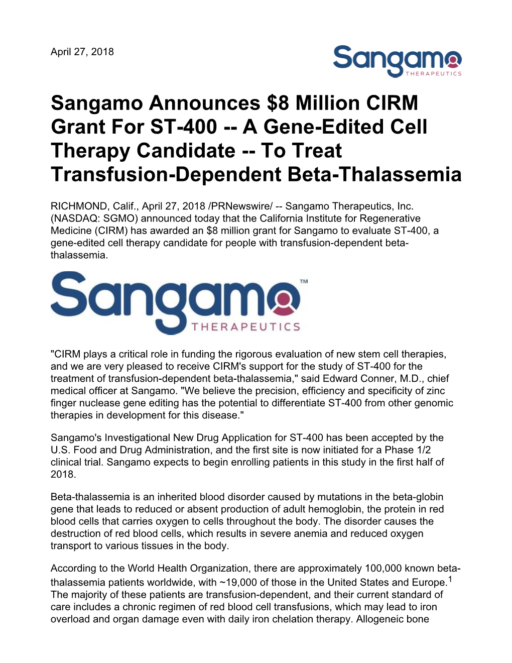Sangamo Announces $8 Million CIRM Grant for ST-400 -- a Gene-Edited Cell Therapy Candidate -- to Treat Transfusion-Dependent Beta-Thalassemia