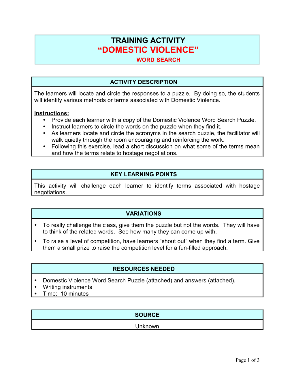 DOMESTIC VIOLENCE Word Search