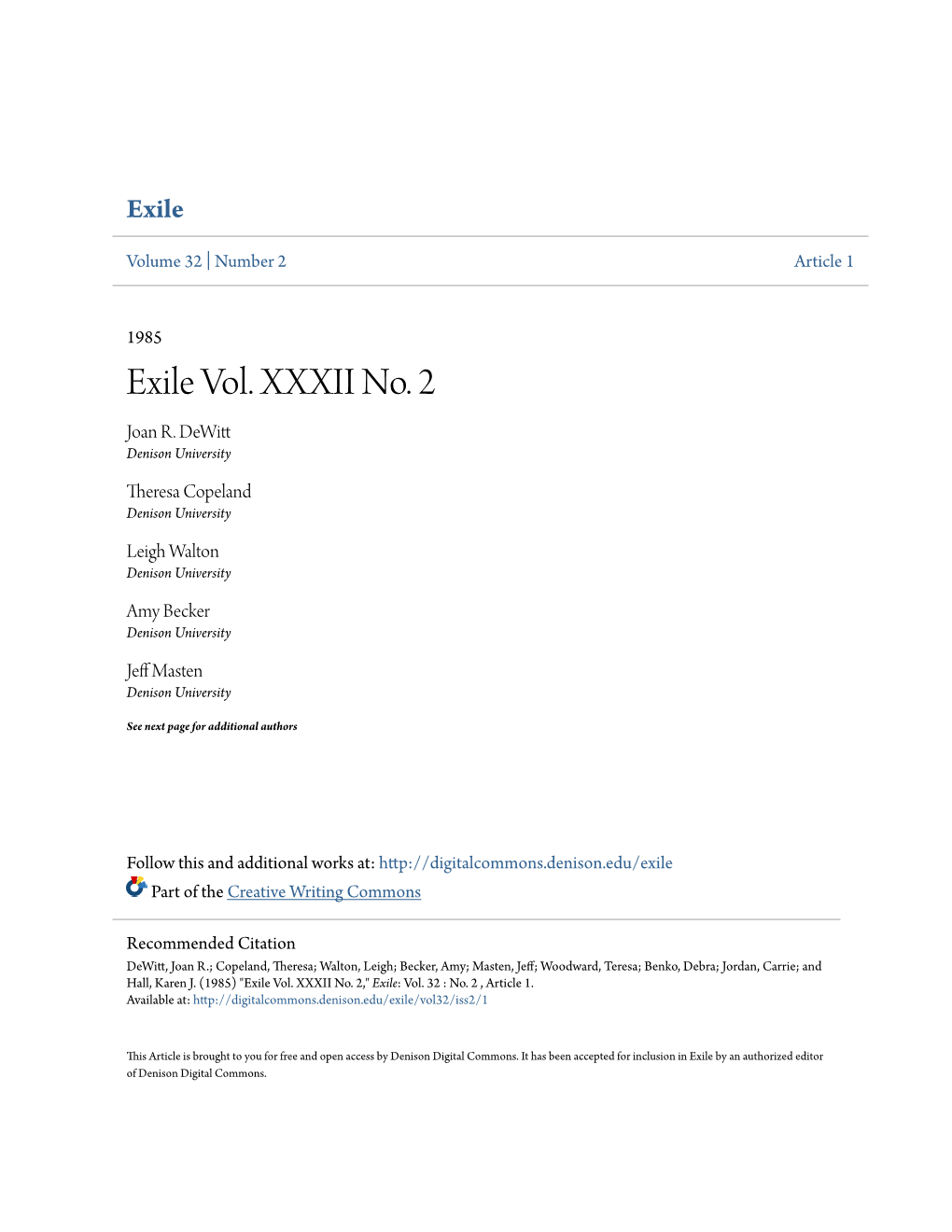 Exile Vol. XXXII No. 2 Joan R