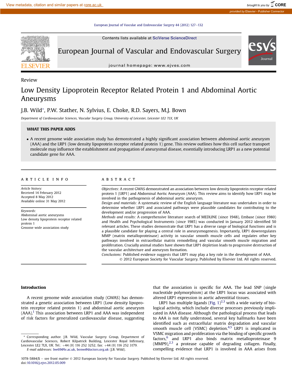 Low Density Lipoprotein Receptor Related Protein 1 and Abdominal Aortic Aneurysms