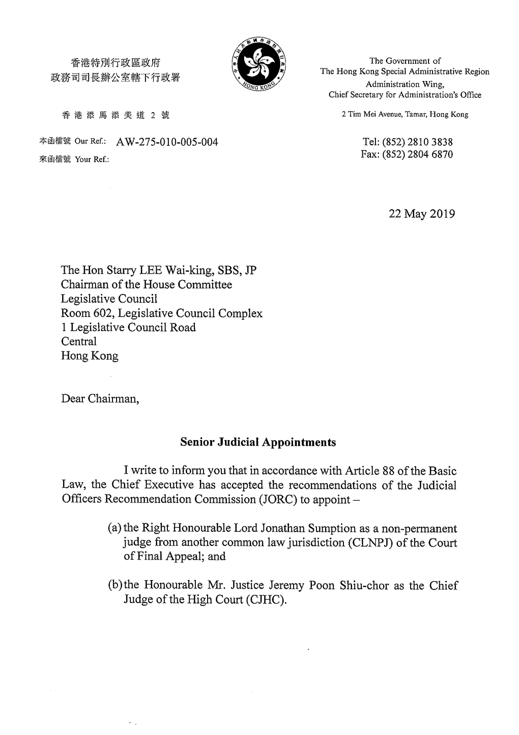 Director of Administration's Letter Dated 22 May 2019