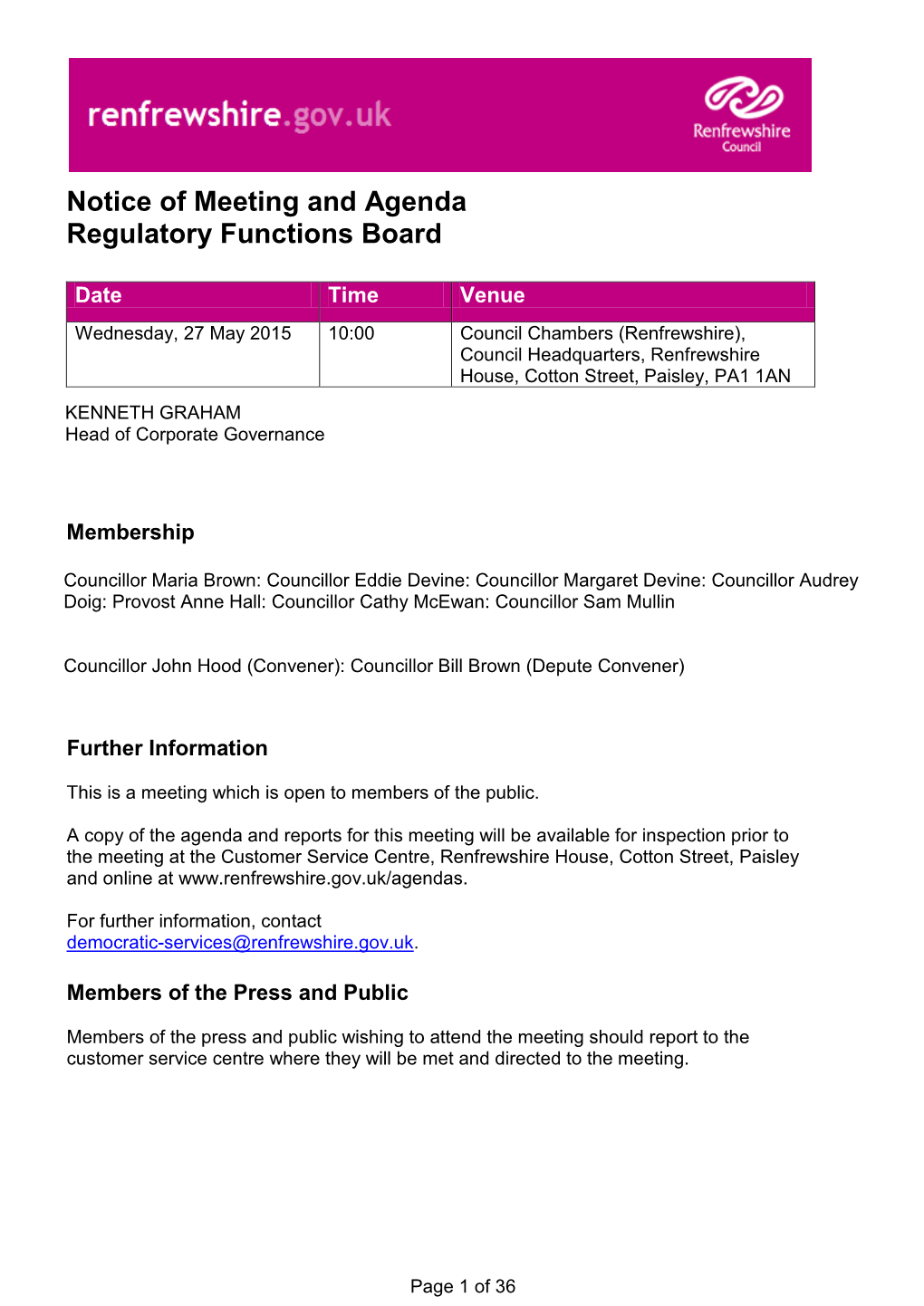 Notice of Meeting and Agenda Regulatory Functions Board