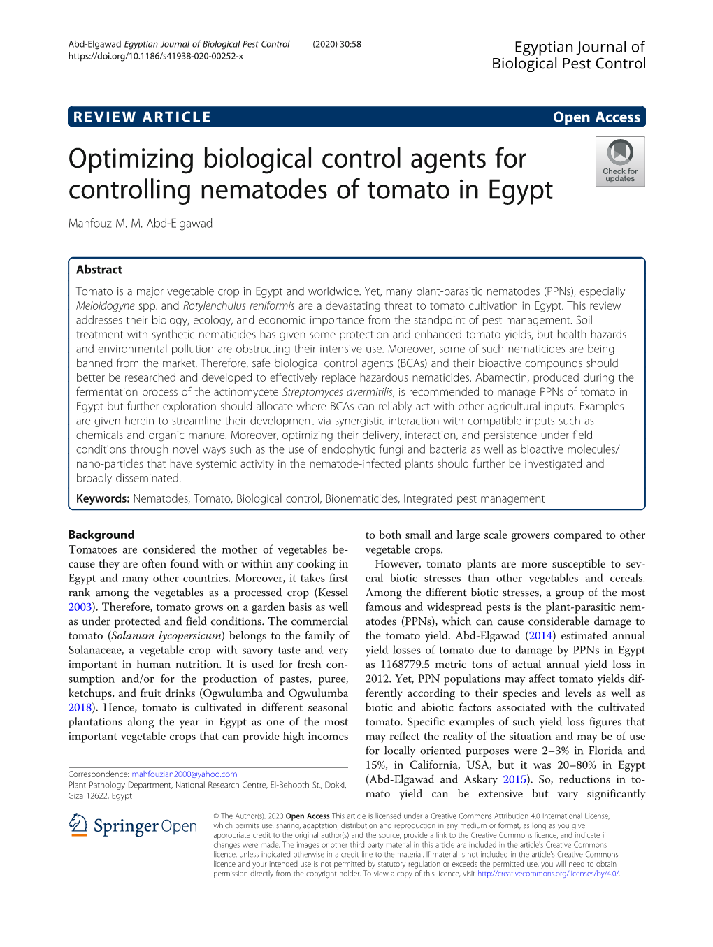 Optimizing Biological Control Agents for Controlling Nematodes of Tomato in Egypt Mahfouz M