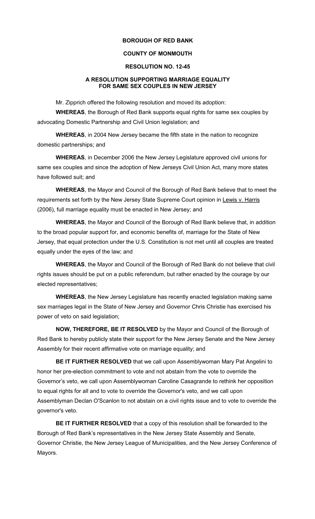 Borough of Red Bank County of Monmouth Resolution No