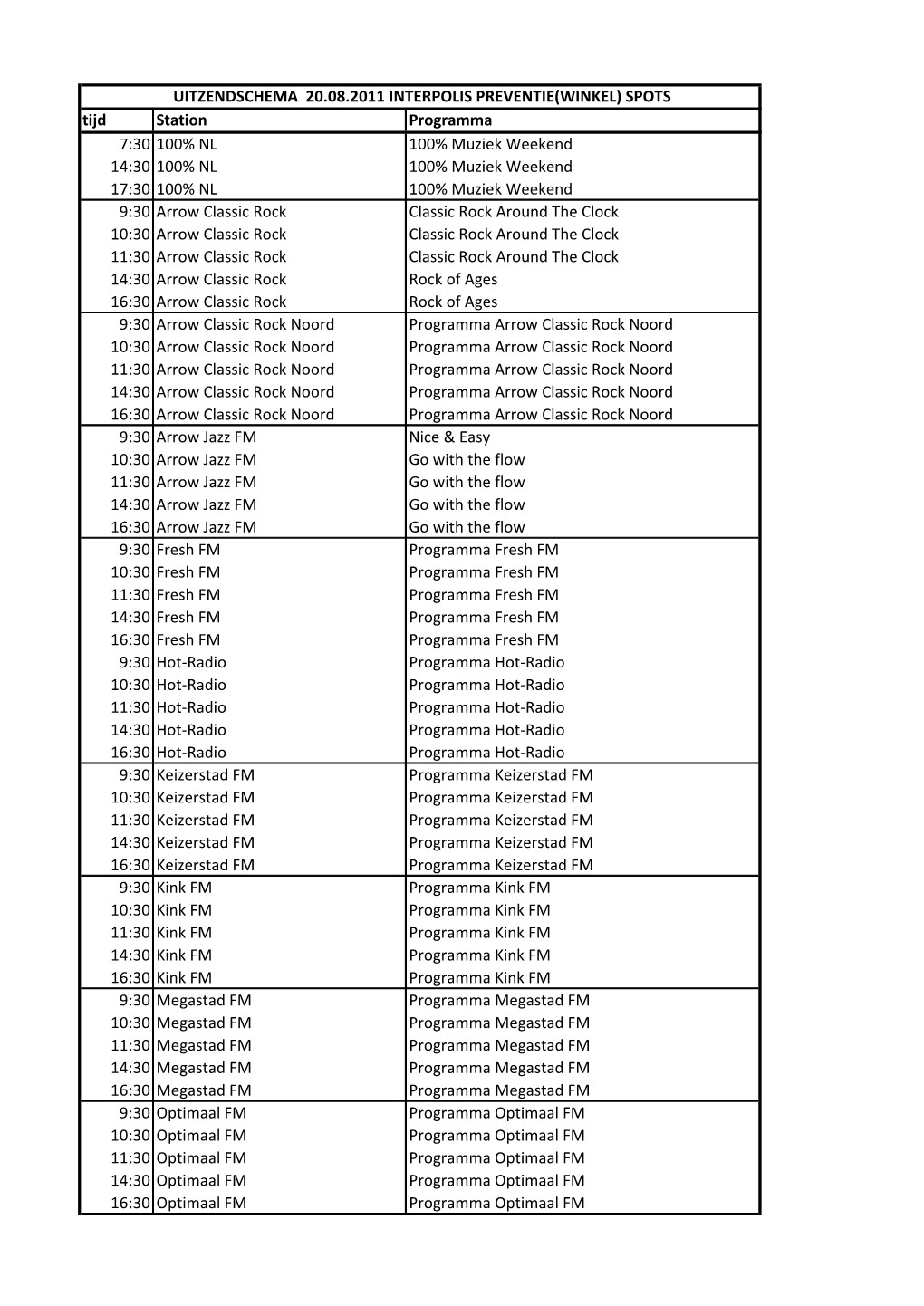 Tijd Station Programma 7:30 100% NL 100% Muziek Weekend 14:30 100