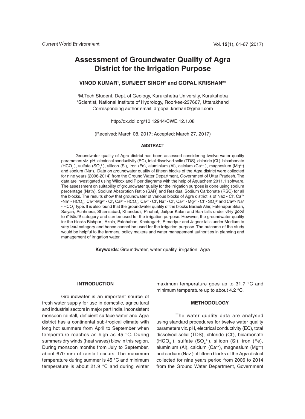 Assessment of Groundwater Quality of Agra District for the Irrigation Purpose