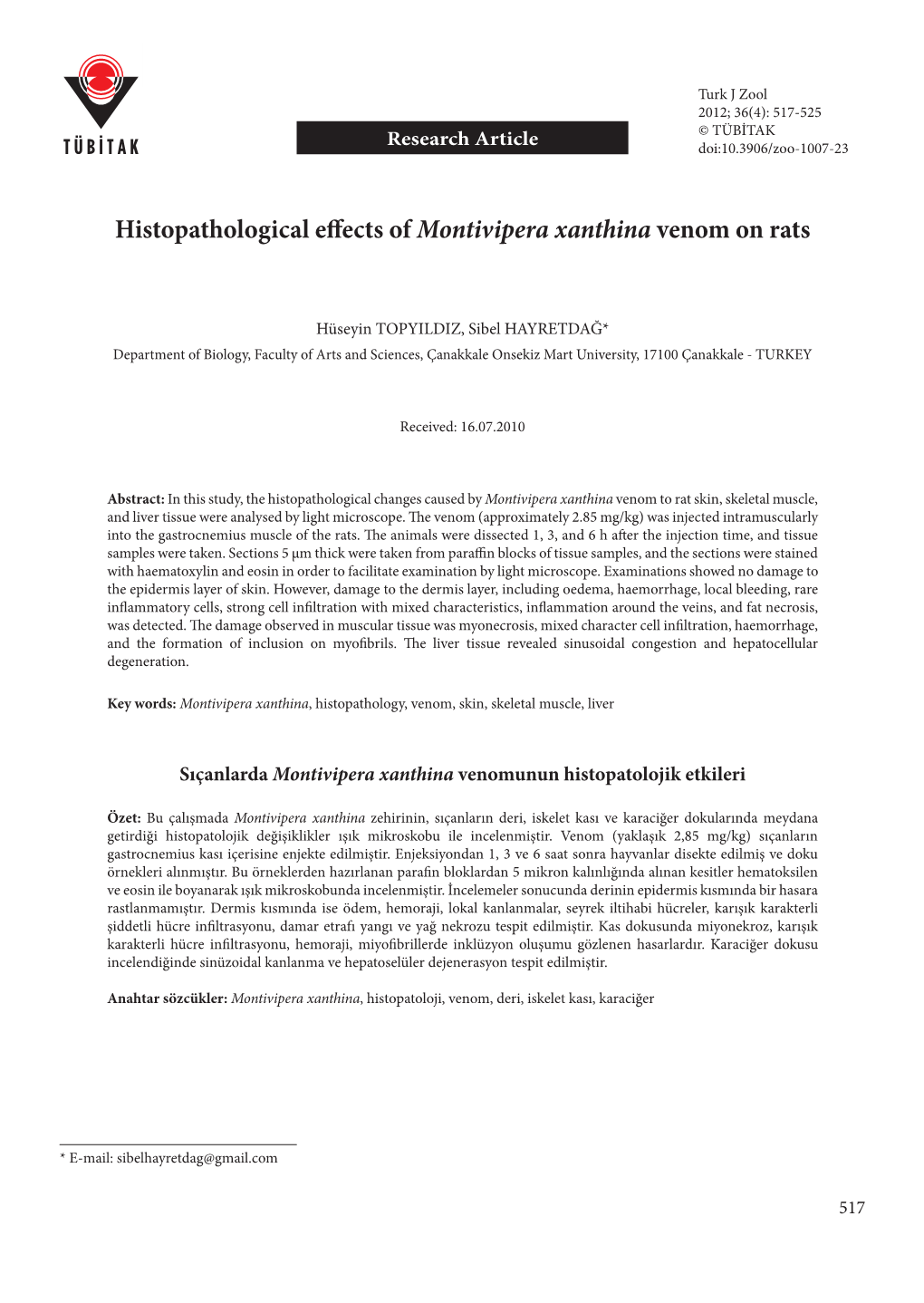 Histopathological Effects of Montivipera Xanthina Venom on Rats