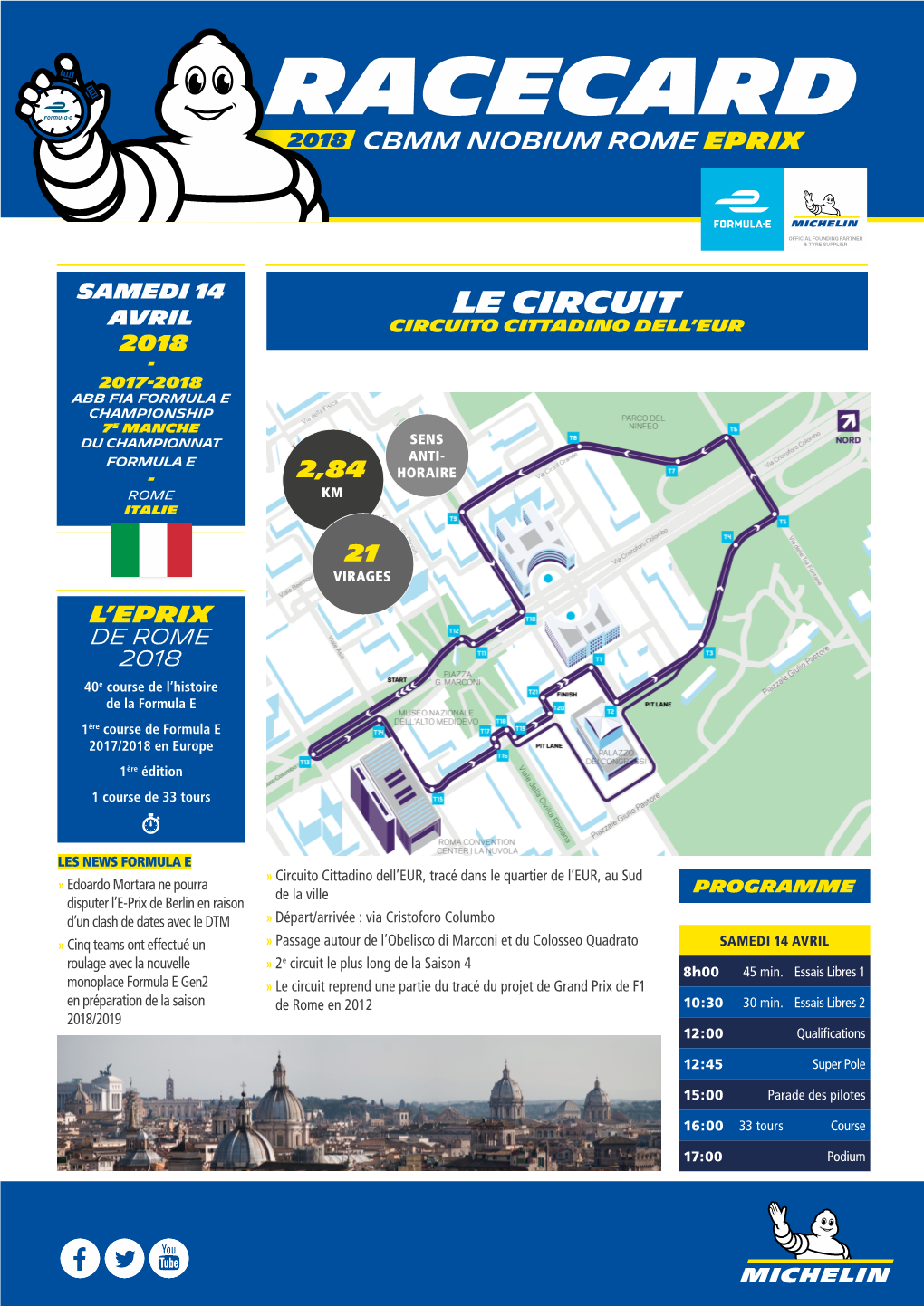 Fia Formula E Championship 7E Manche Du Championnat Sens Formula E Anti- - 2,84 Horaire Rome Km Italie