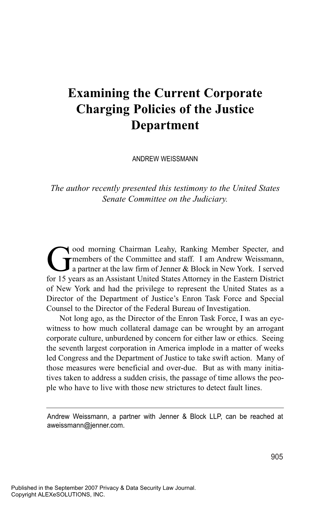 Examining the Current Corporate Charging Policies of the Justice Department