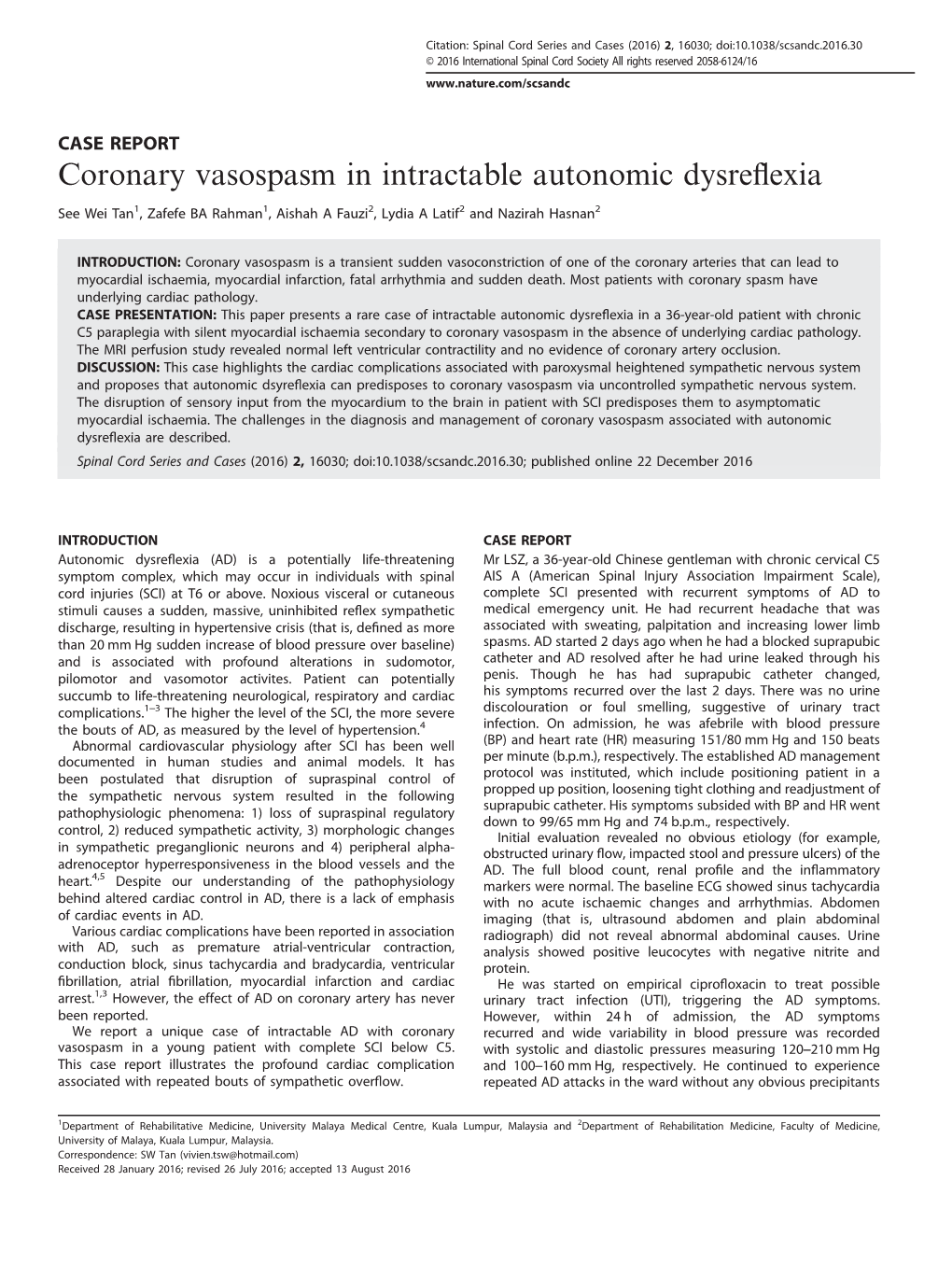 Coronary Vasospasm in Intractable Autonomic Dysreflexia