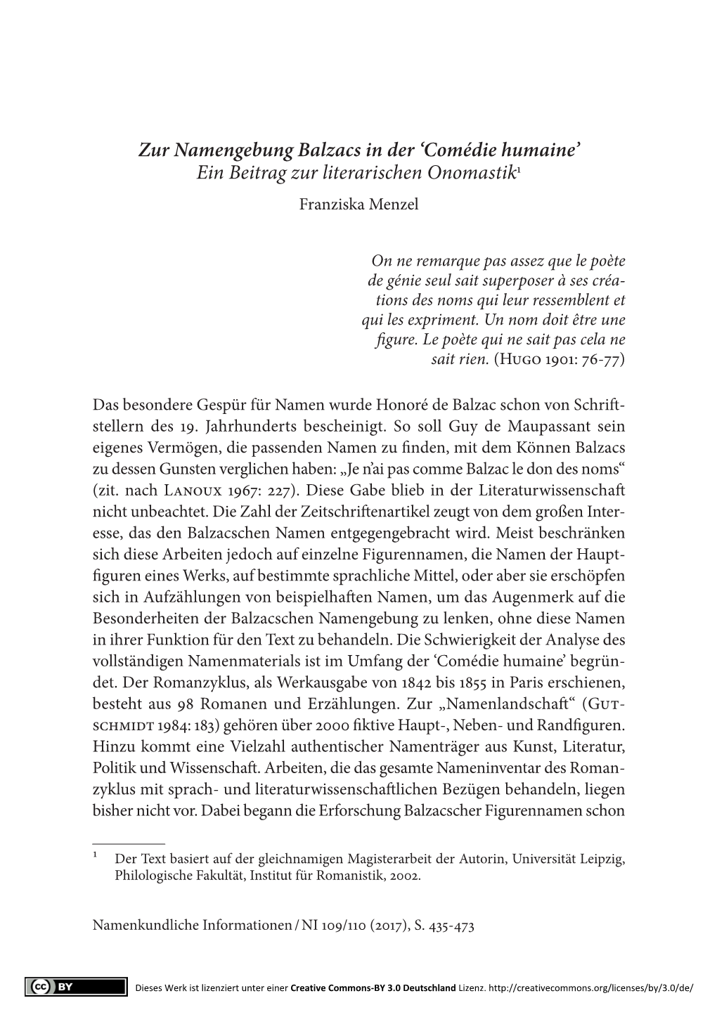 Comédie Humaine’ Ein Beitrag Zur Literarischen Onomastik1 Franziska Menzel