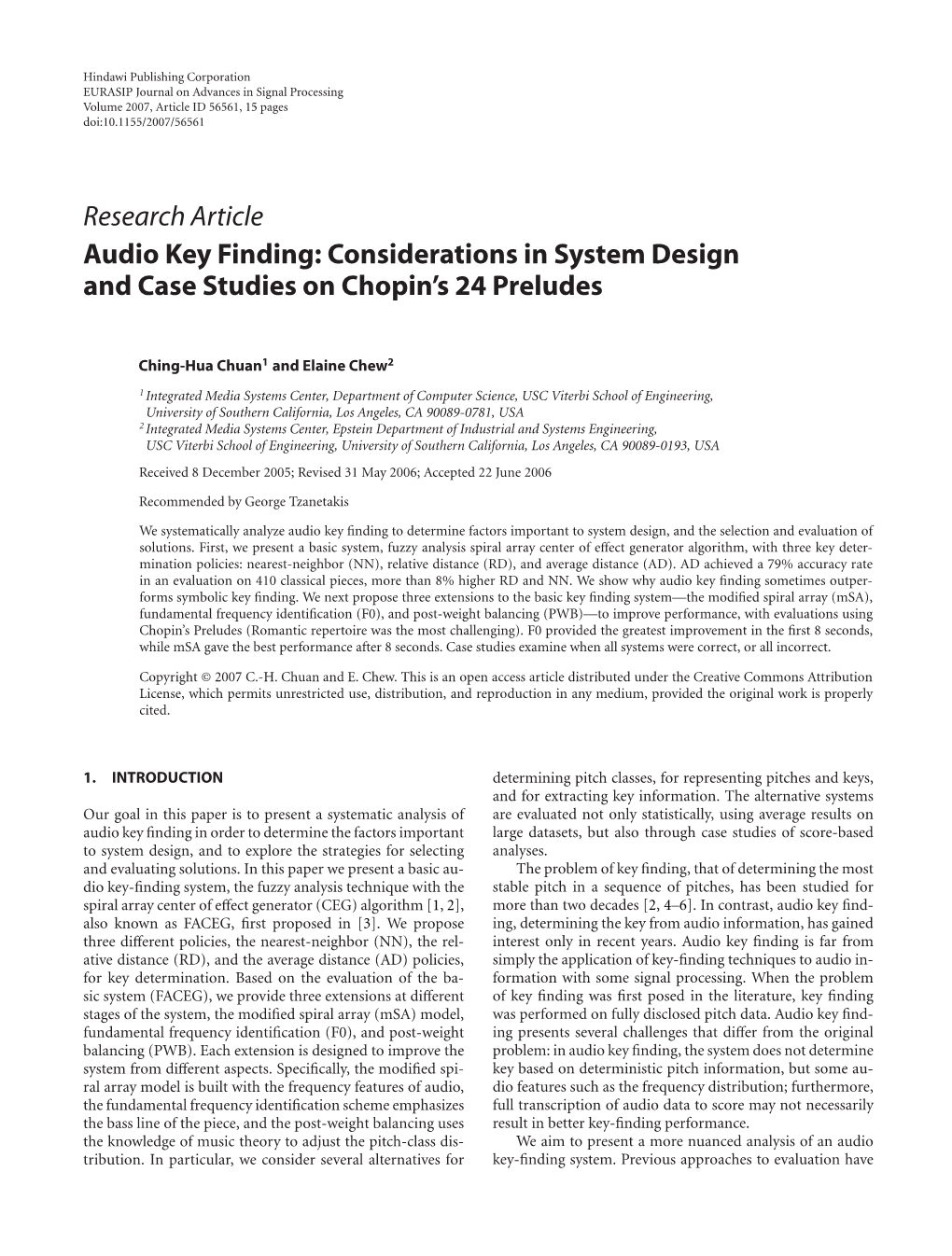Research Article Audio Key Finding: Considerations in System Design and Case Studies on Chopin’S 24 Preludes