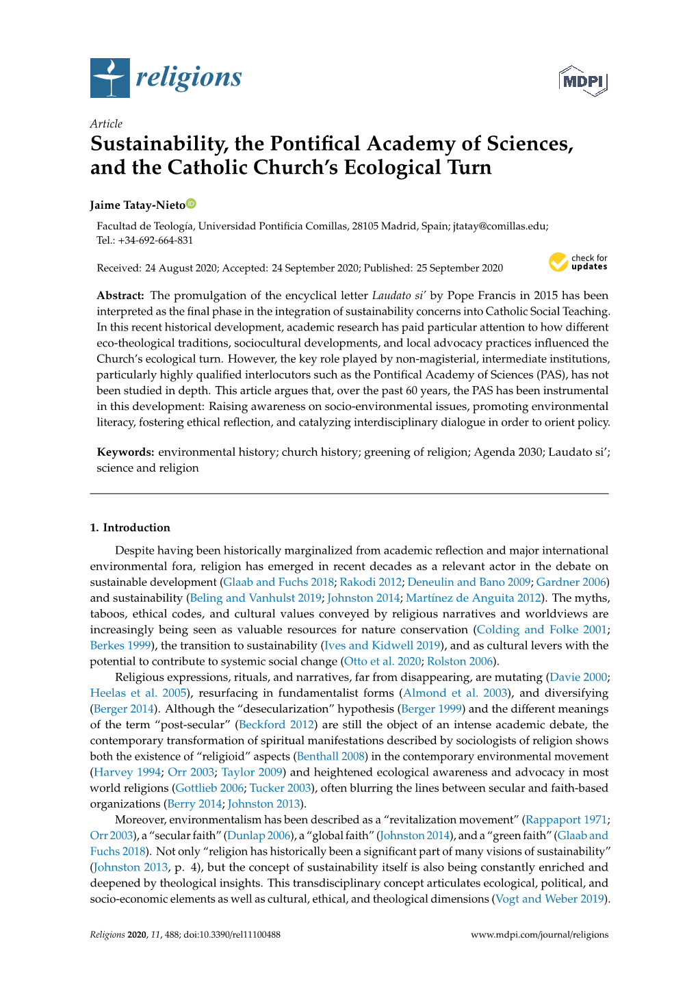 Sustainability, the Pontifical Academy of Sciences, and the Catholic
