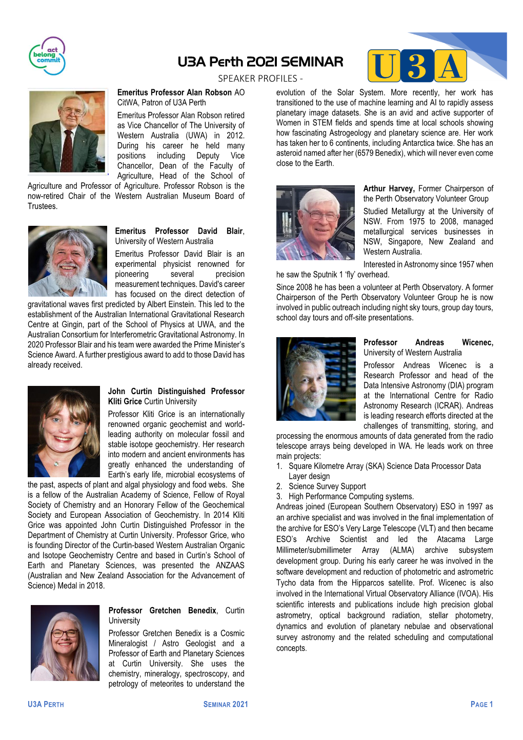 U3A Perth 2021 SEMINAR SPEAKER PROFILES - Emeritus Professor Alan Robson AO Evolution of the Solar System