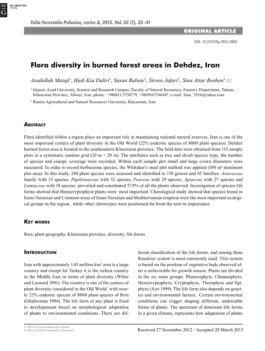 Flora Diversity in Burned Forest Areas in Dehdez, Iran