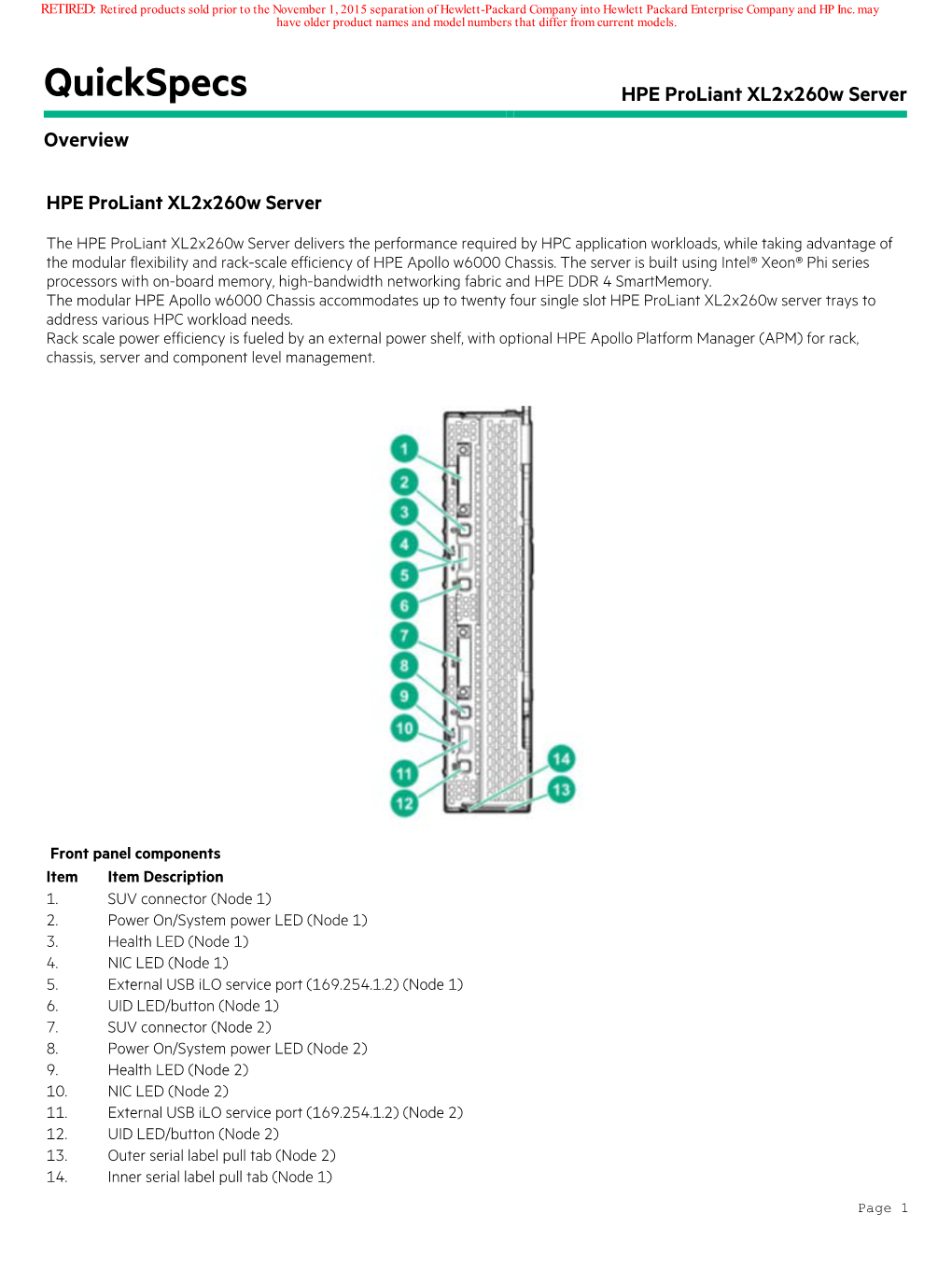 Quickspecs HPE Proliant Xl2x260w Server