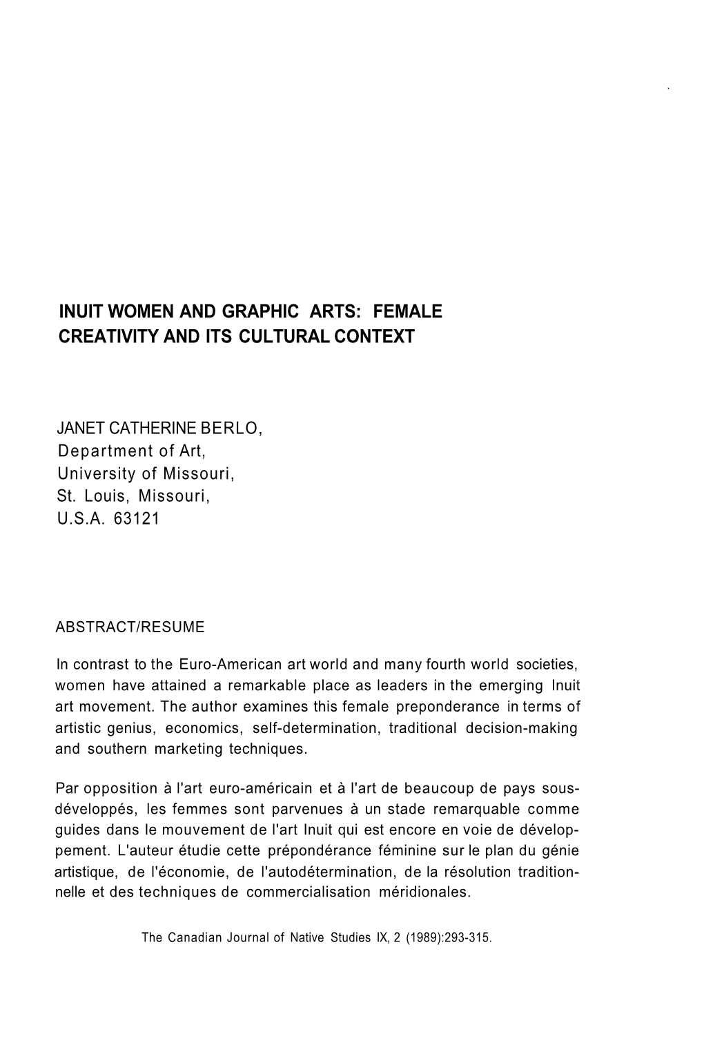 Inuit Women and Graphic Arts: Female Creativity and Its Cultural Context