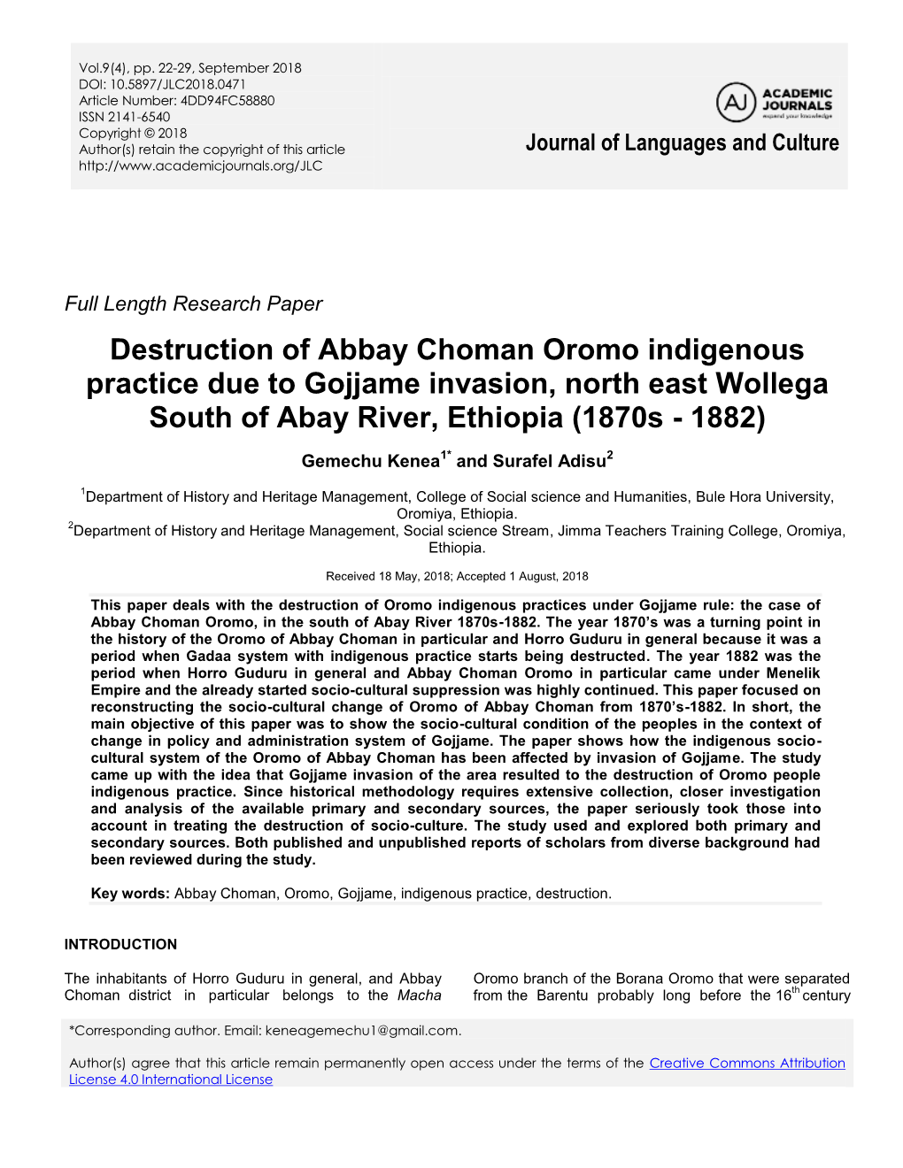 Destruction of Abbay Choman Oromo Indigenous Practice Due to Gojjame Invasion, North East Wollega South of Abay River, Ethiopia (1870S - 1882)