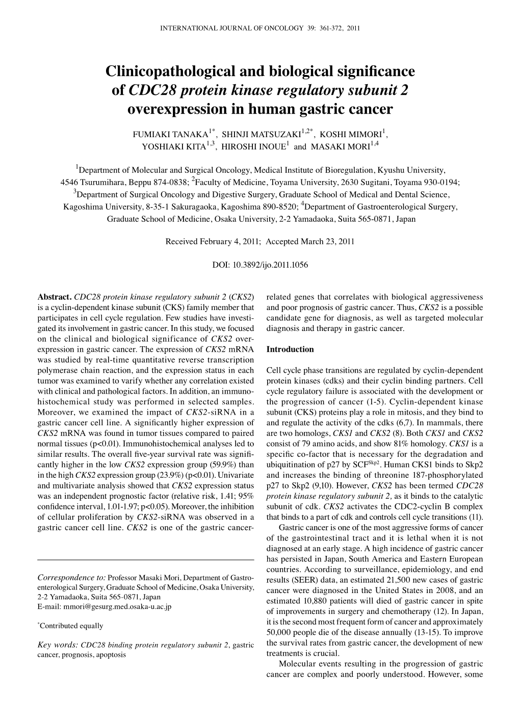 Clinicopathological and Biological Significance of CDC28 Protein Kinase Regulatory Subunit 2 Overexpression in Human Gastric Cancer