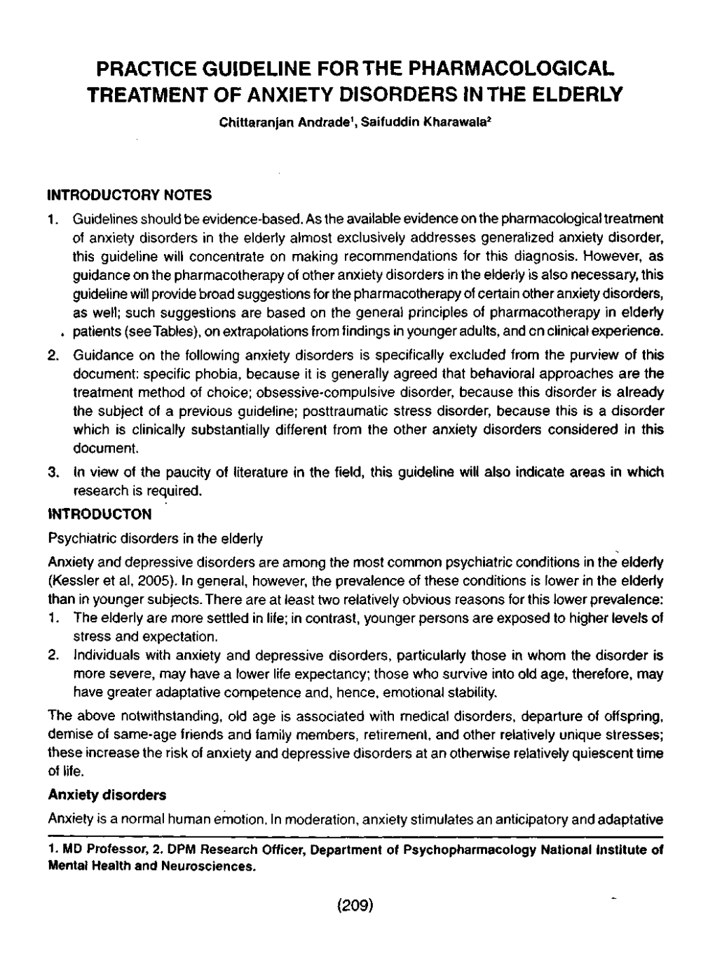 PRACTICE GUIDELINE for the PHARMACOLOGICAL TREATMENT of ANXIETY DISORDERS in the ELDERLY Chittaranjan Andrade1, Saifuddin Kharawala2