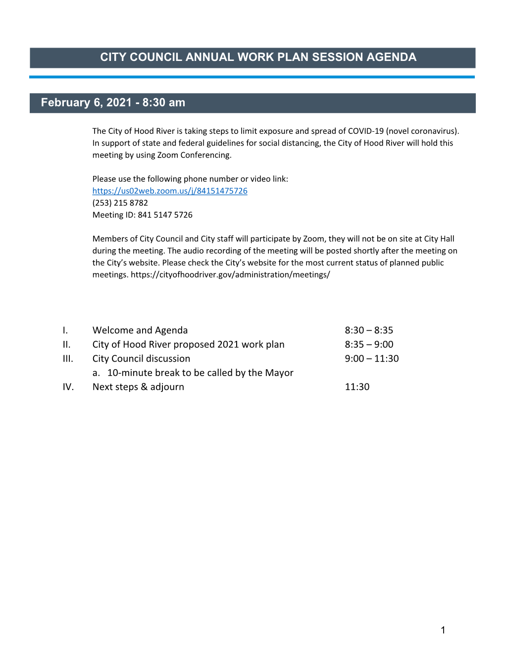 City Council Annual Work Plan Session Agenda