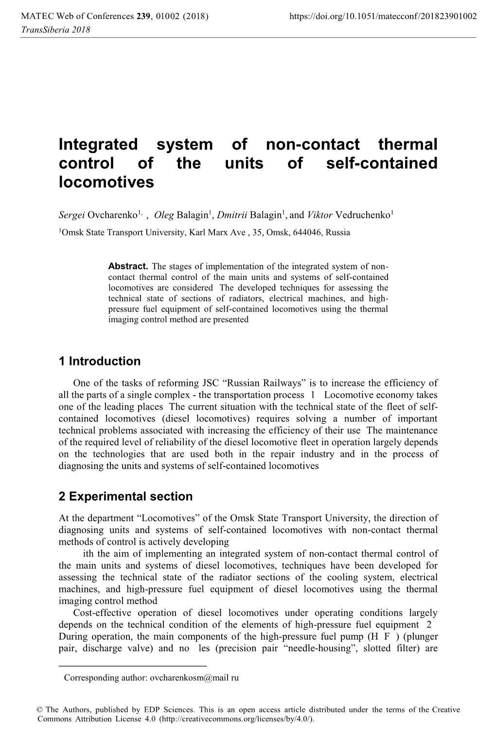 Integrated System of Non-Contact Thermal Control of the Units of Self-Contained Locomotives