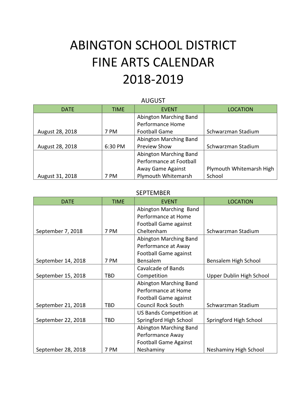 Abington School District Fine Arts Calendar 2018-2019