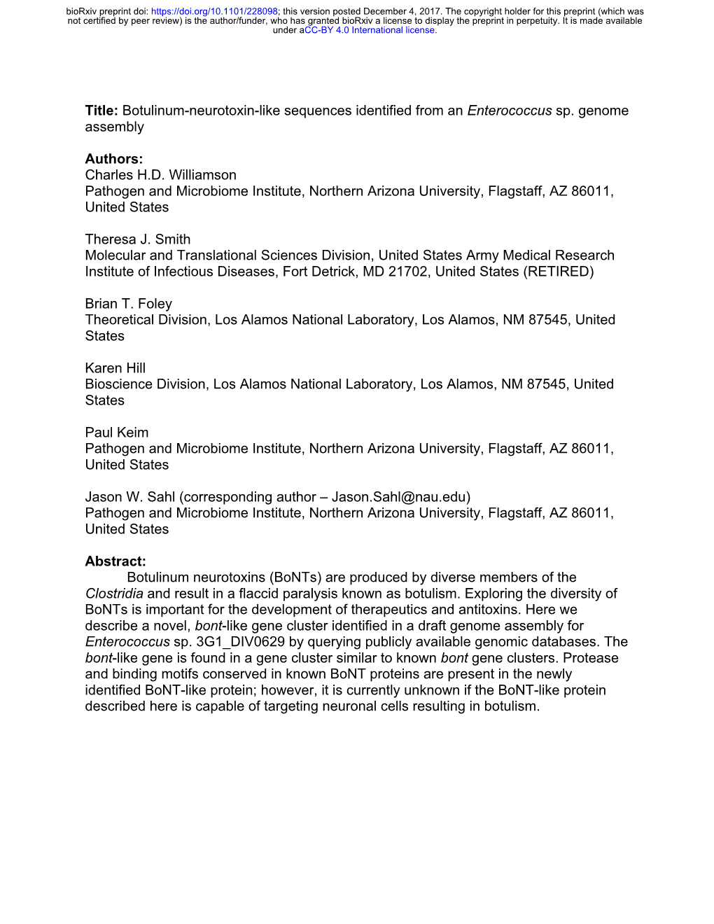 Botulinum-Neurotoxin-Like Sequences Identified from an Enterococcus Sp